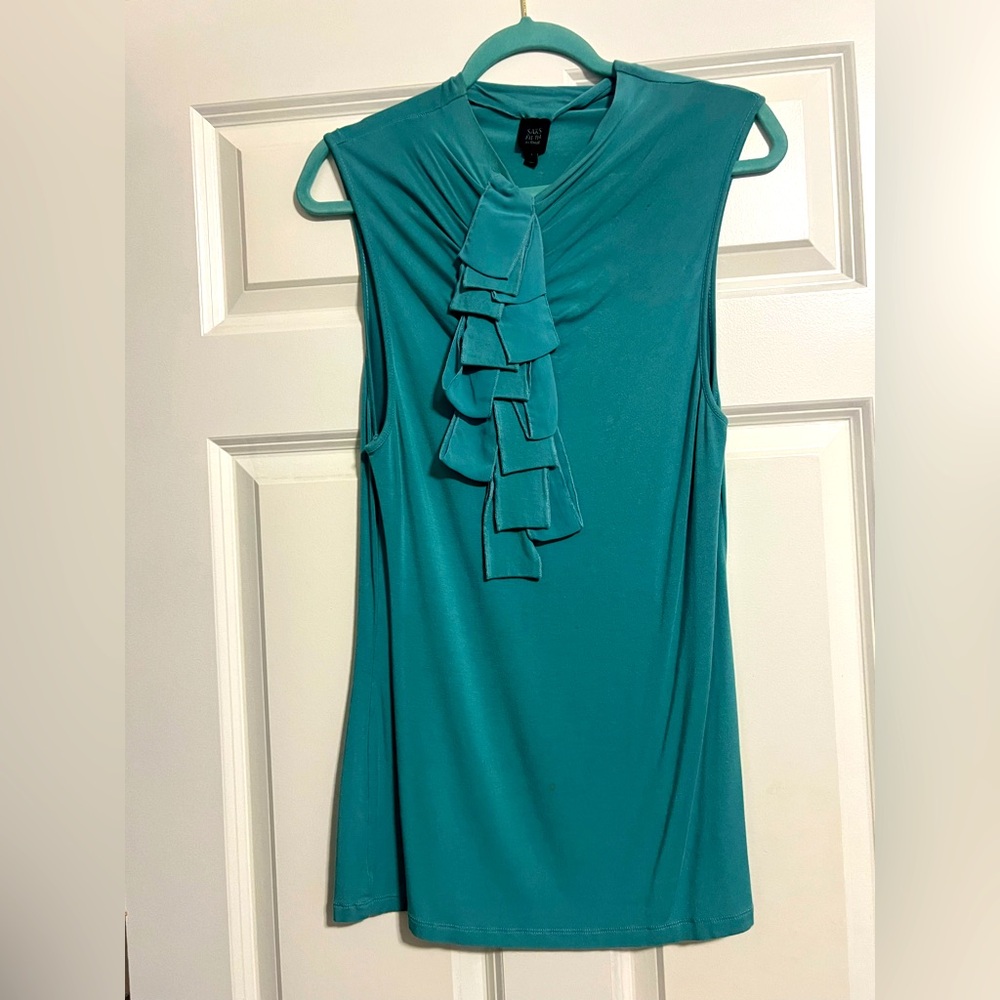 Saks Fifth Avenue Teal colored top with layered front pedals.